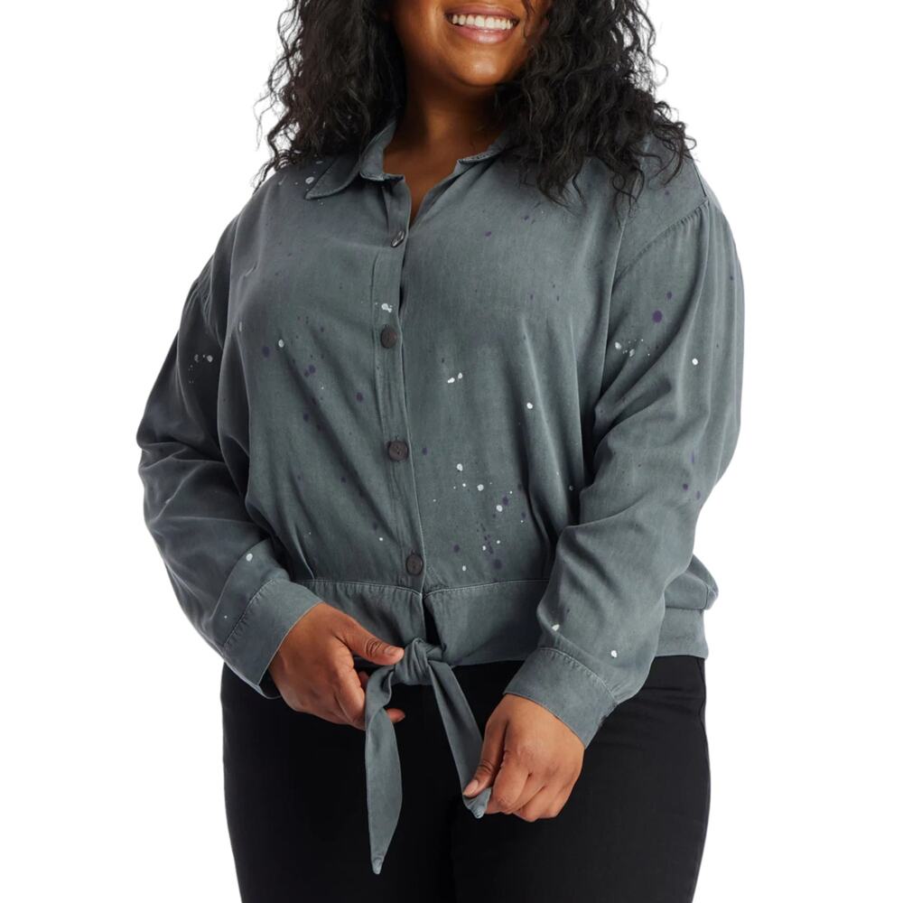 NWT Given Kale Women's Plus Washed Twill Button Down Tie Front Top Shirt